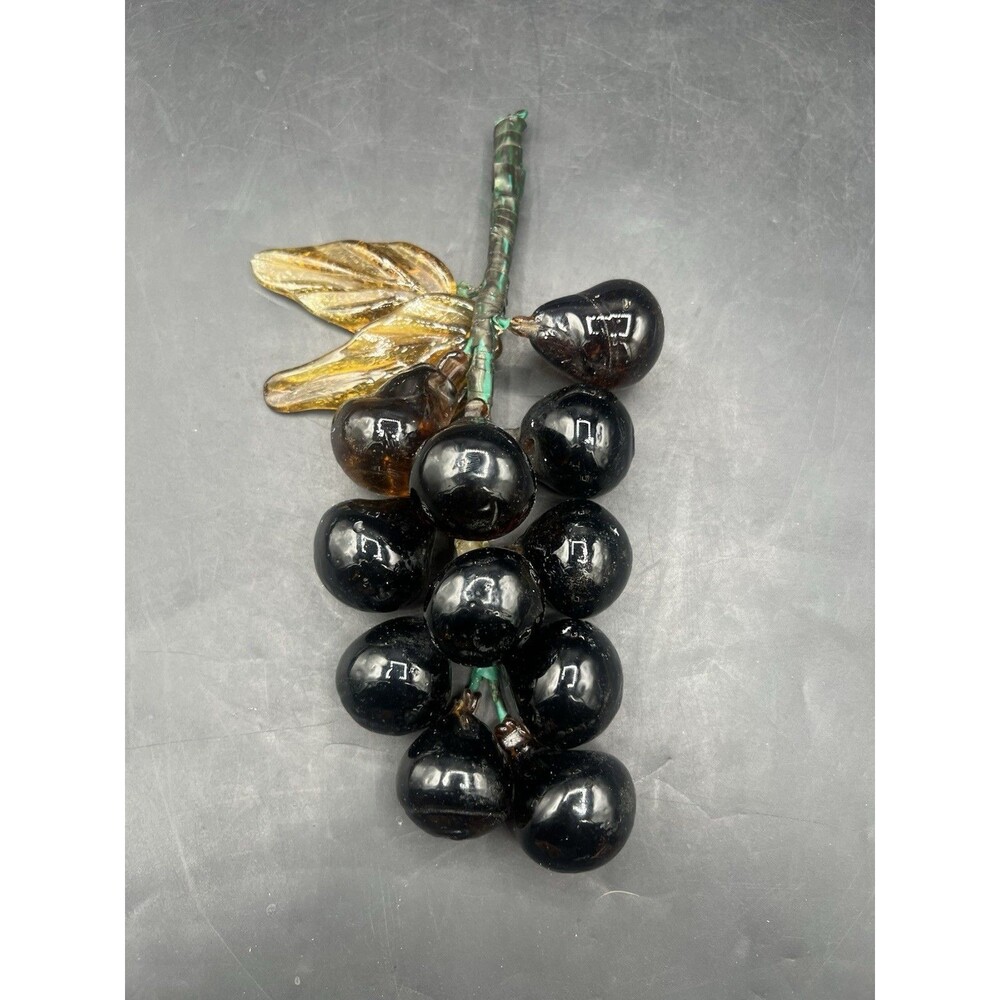 VTG MCM Dark Amber Art Glass Grape Cluster Wire Vine Fruit Leaves Table Decor